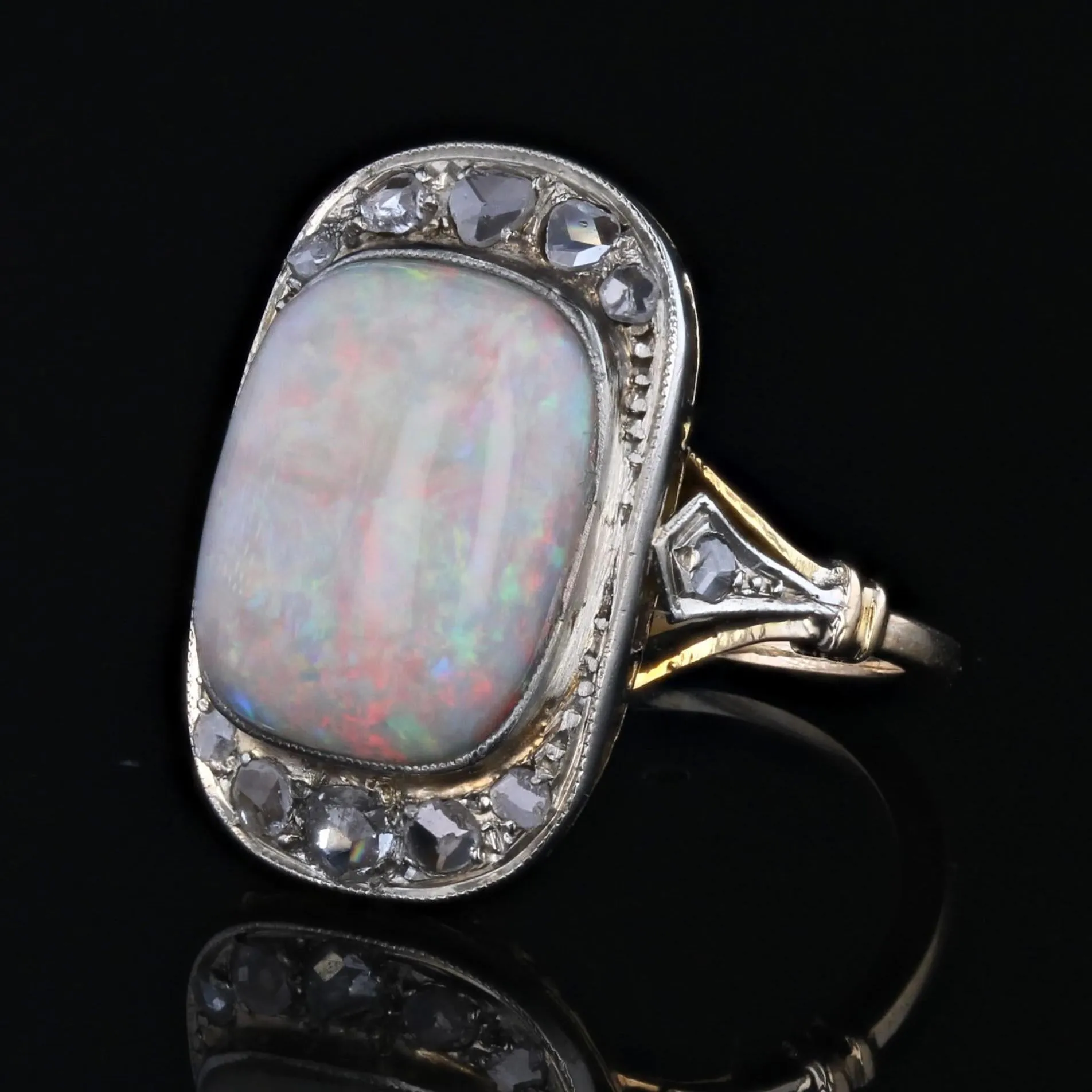 1920s White Opal Diamonds 18 Karat Yellow Gold Platinum Ring