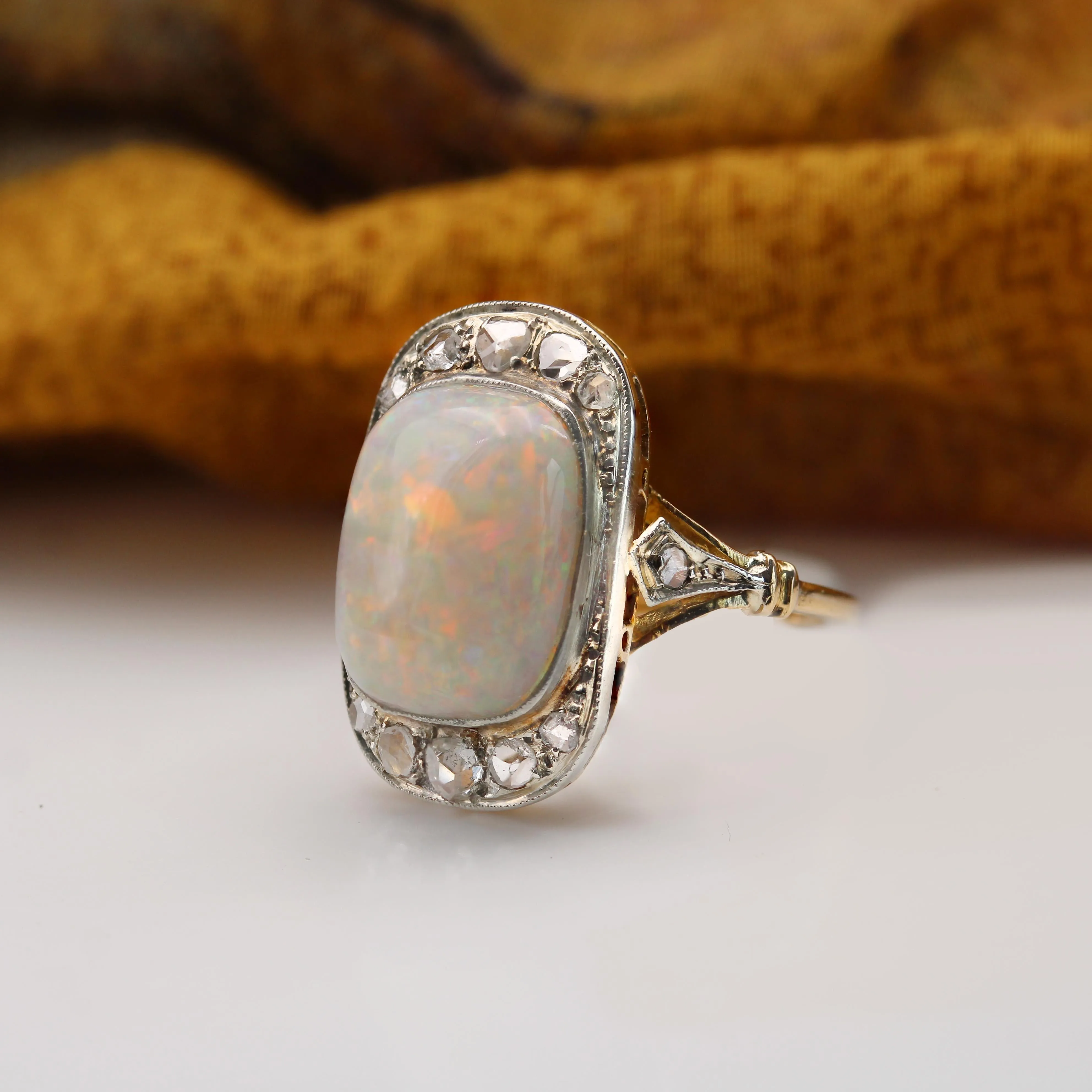 1920s White Opal Diamonds 18 Karat Yellow Gold Platinum Ring