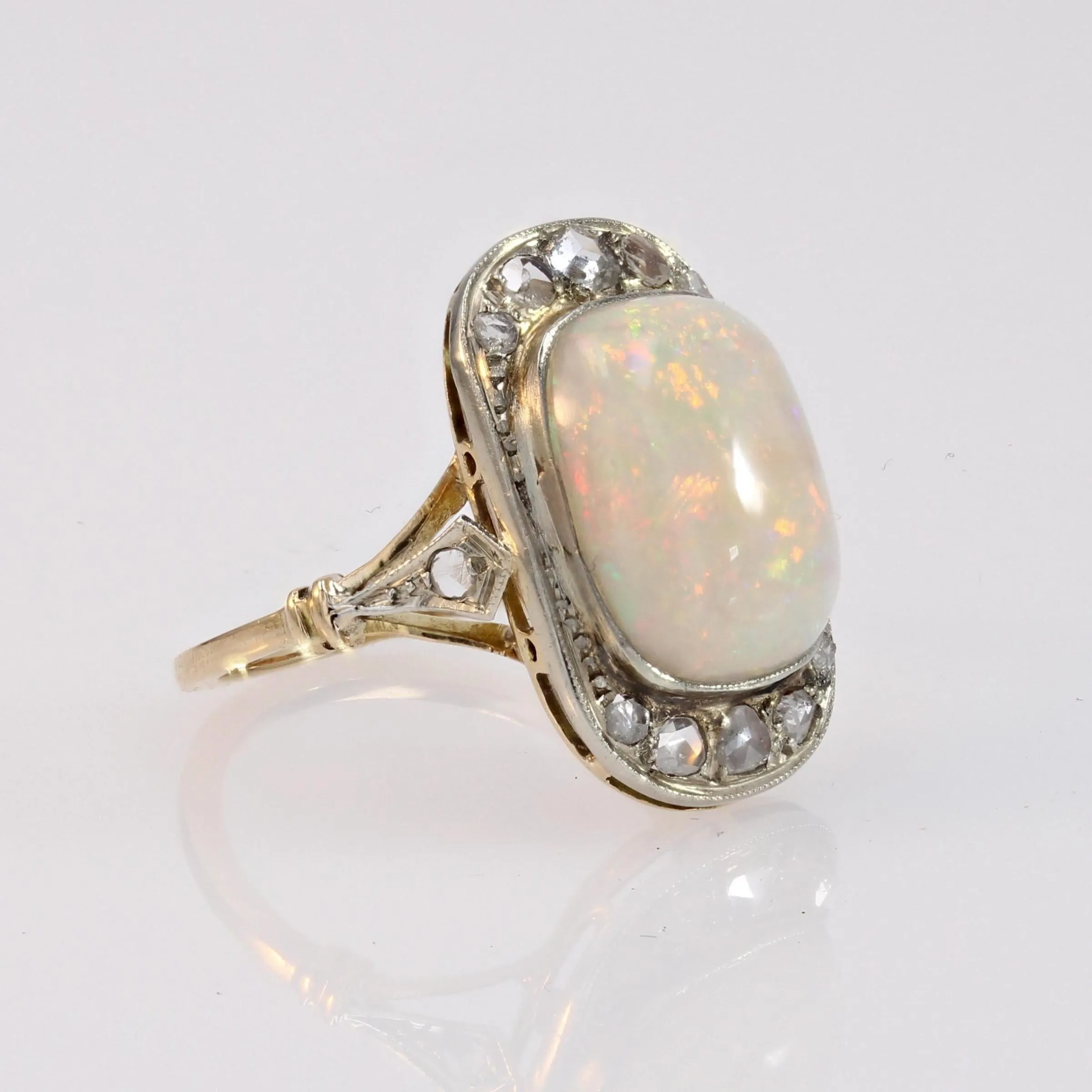 1920s White Opal Diamonds 18 Karat Yellow Gold Platinum Ring