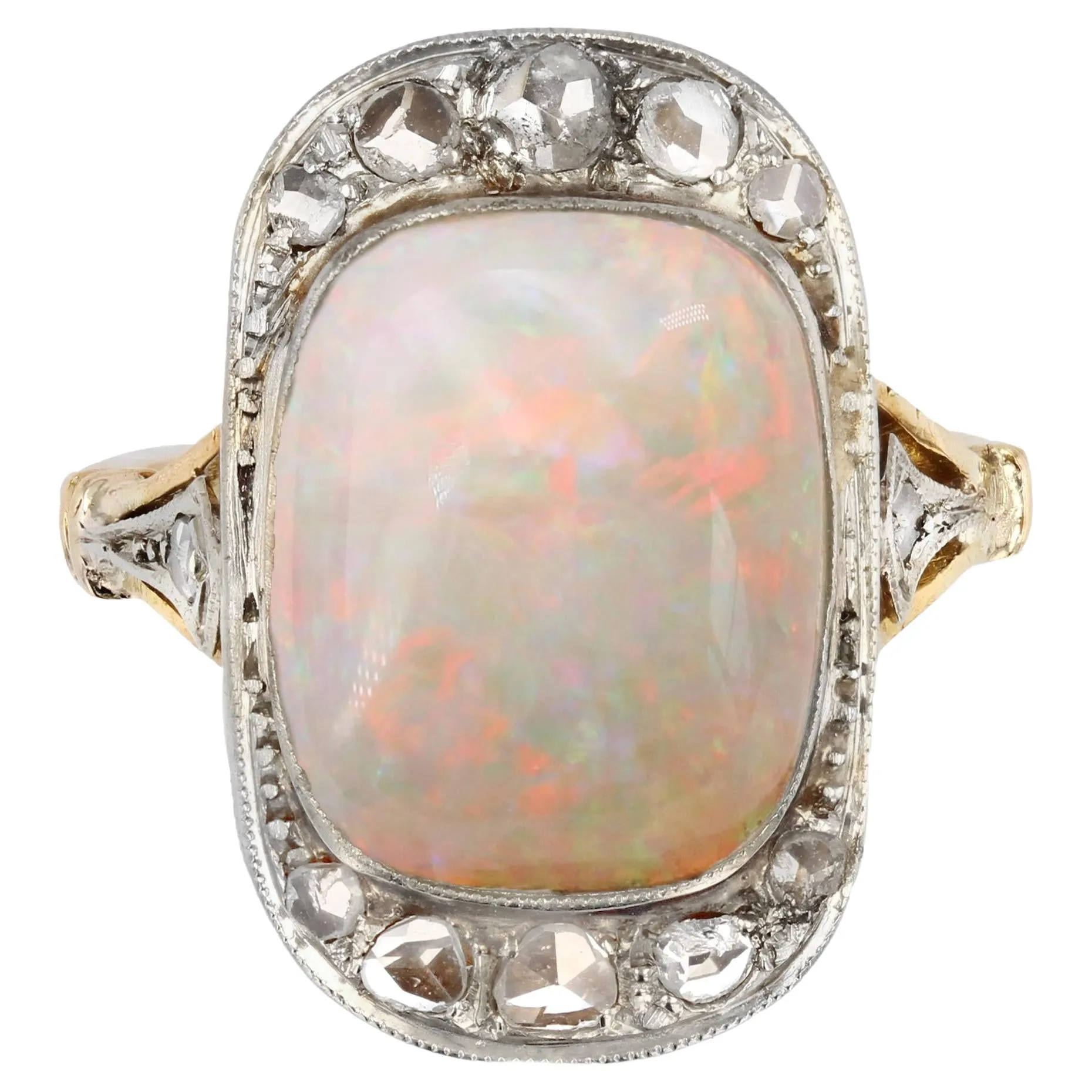 1920s White Opal Diamonds 18 Karat Yellow Gold Platinum Ring