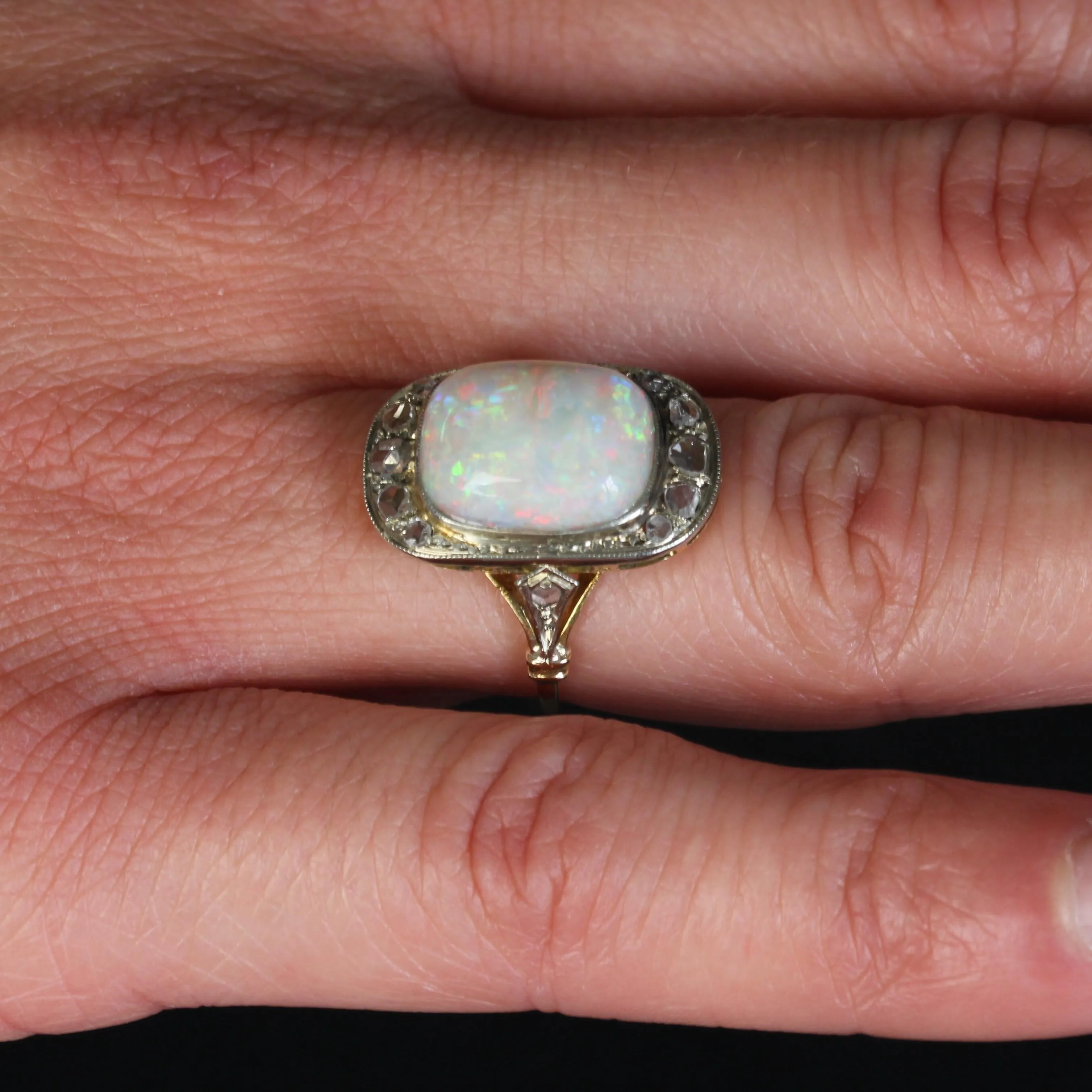 1920s White Opal Diamonds 18 Karat Yellow Gold Platinum Ring