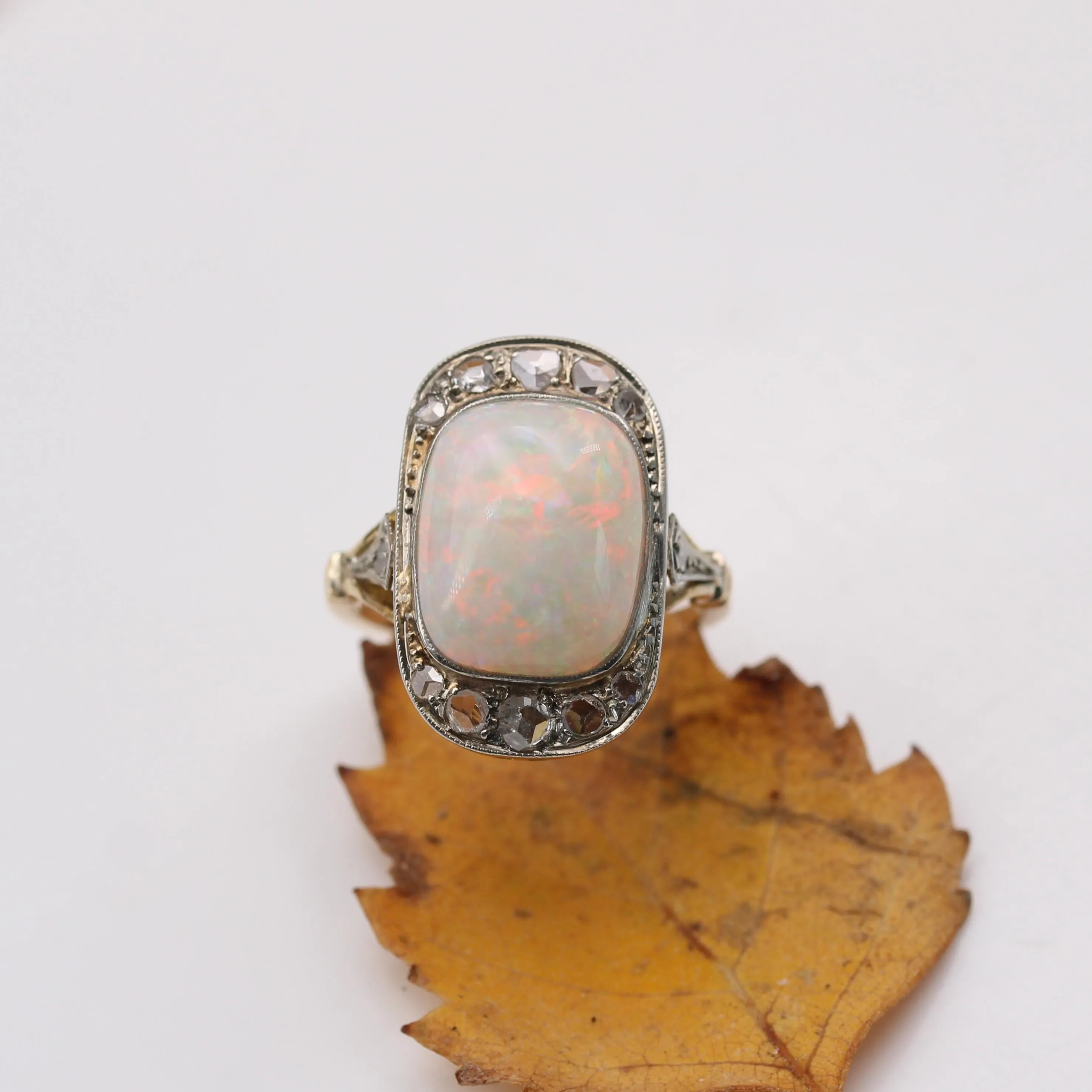 1920s White Opal Diamonds 18 Karat Yellow Gold Platinum Ring