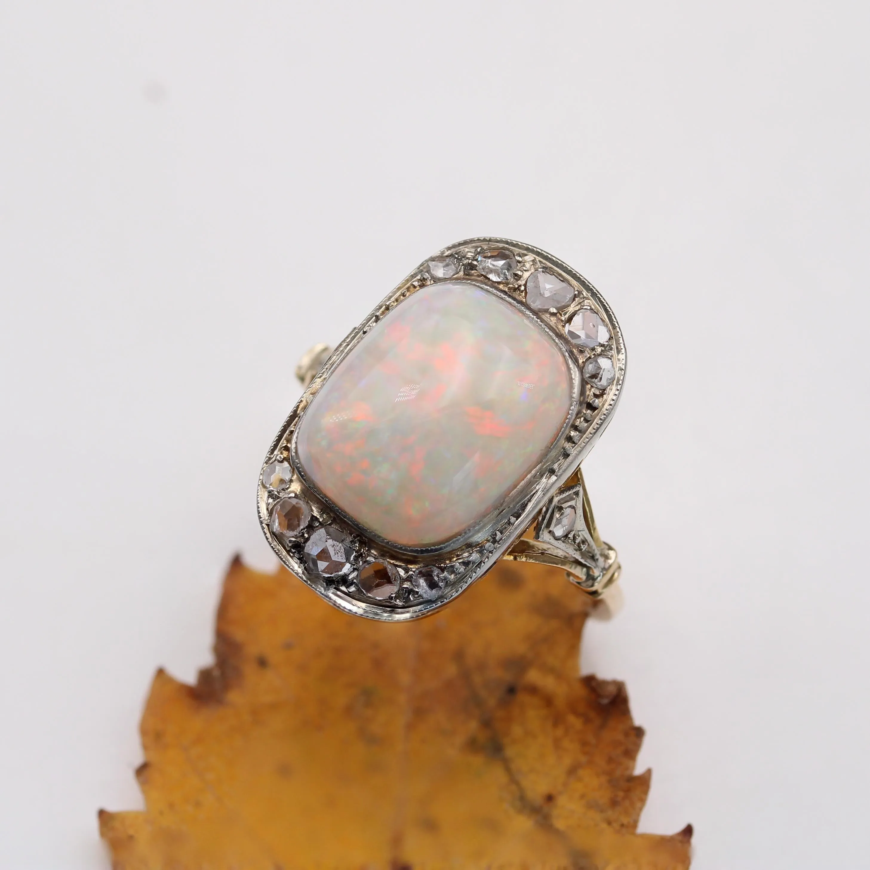 1920s White Opal Diamonds 18 Karat Yellow Gold Platinum Ring