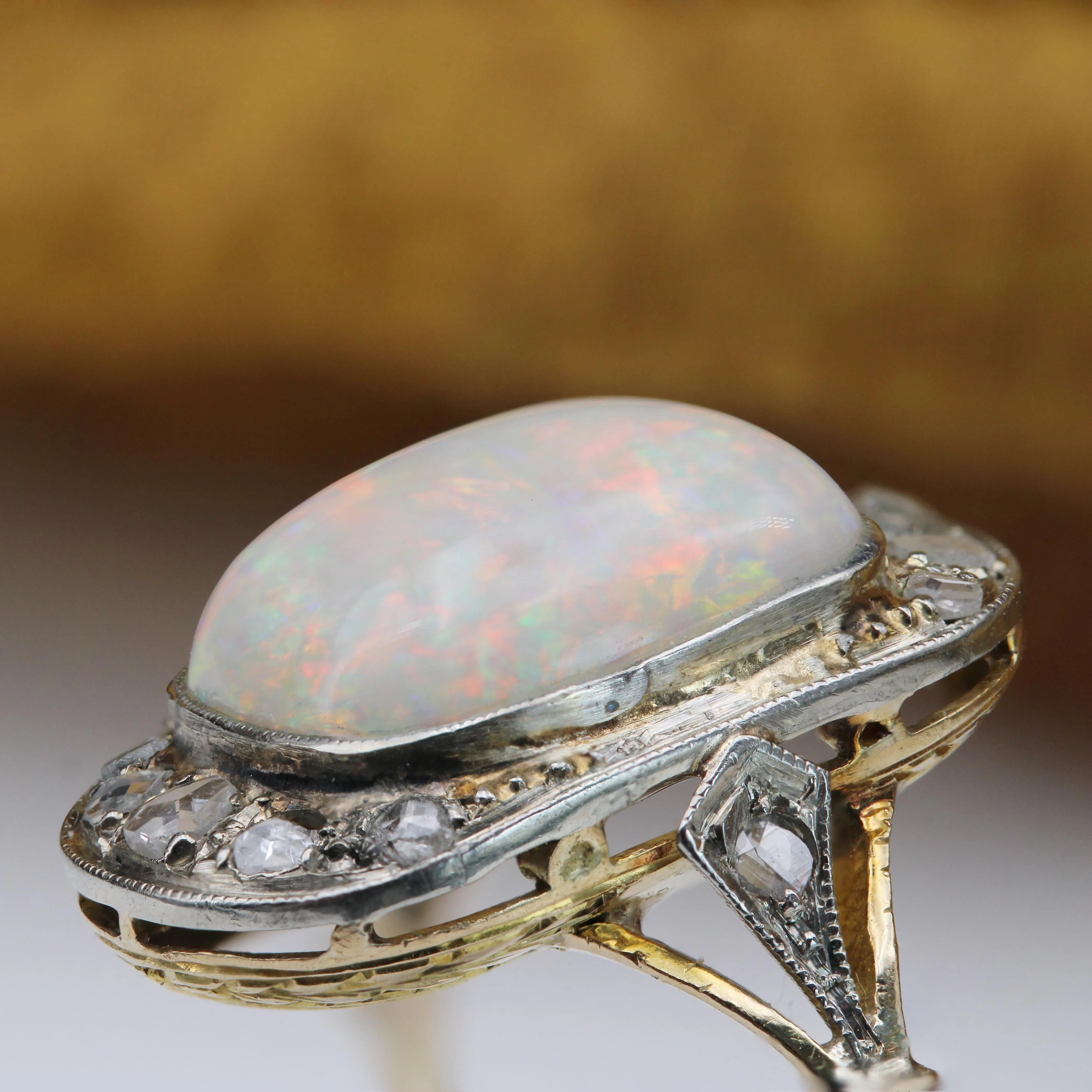 1920s White Opal Diamonds 18 Karat Yellow Gold Platinum Ring