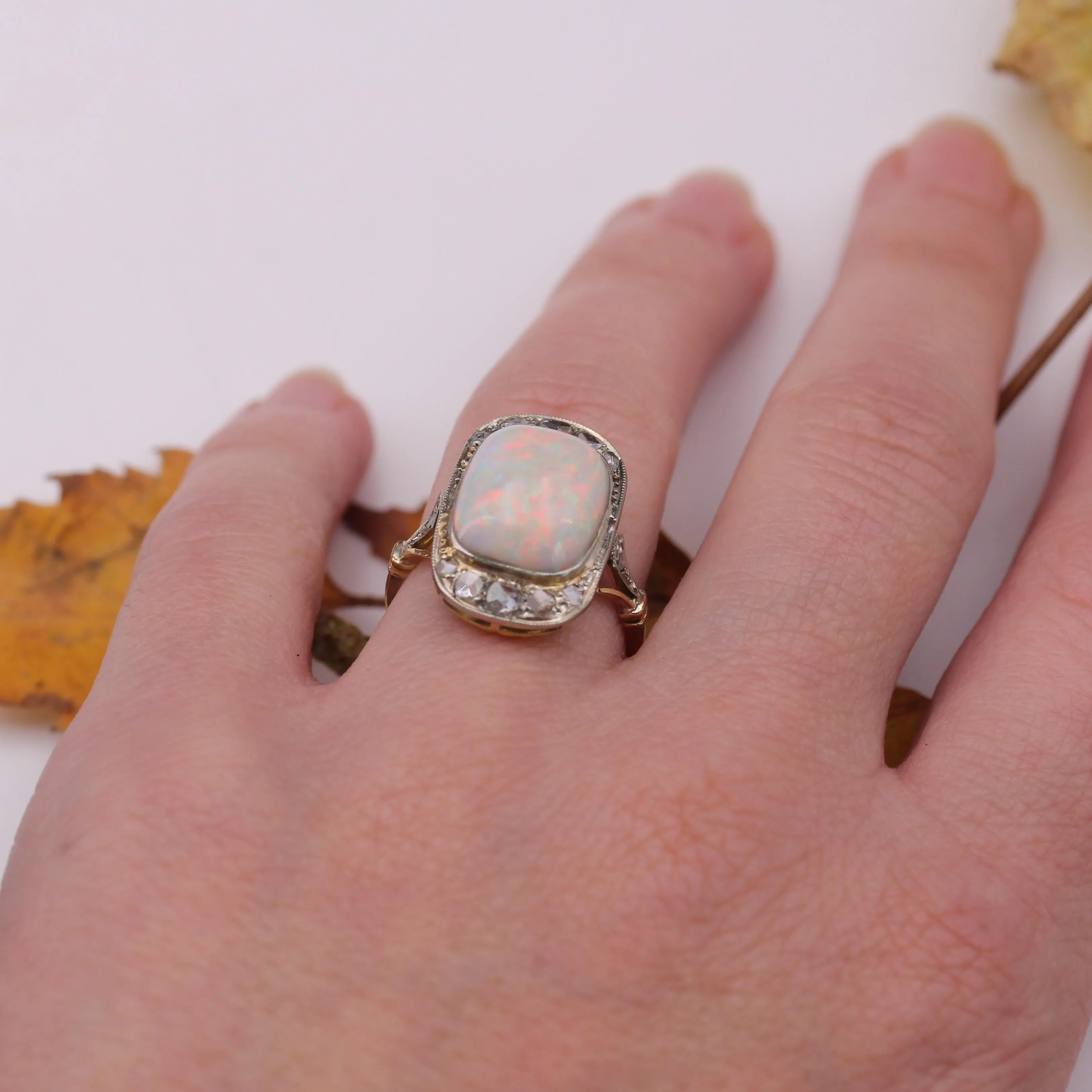 1920s White Opal Diamonds 18 Karat Yellow Gold Platinum Ring