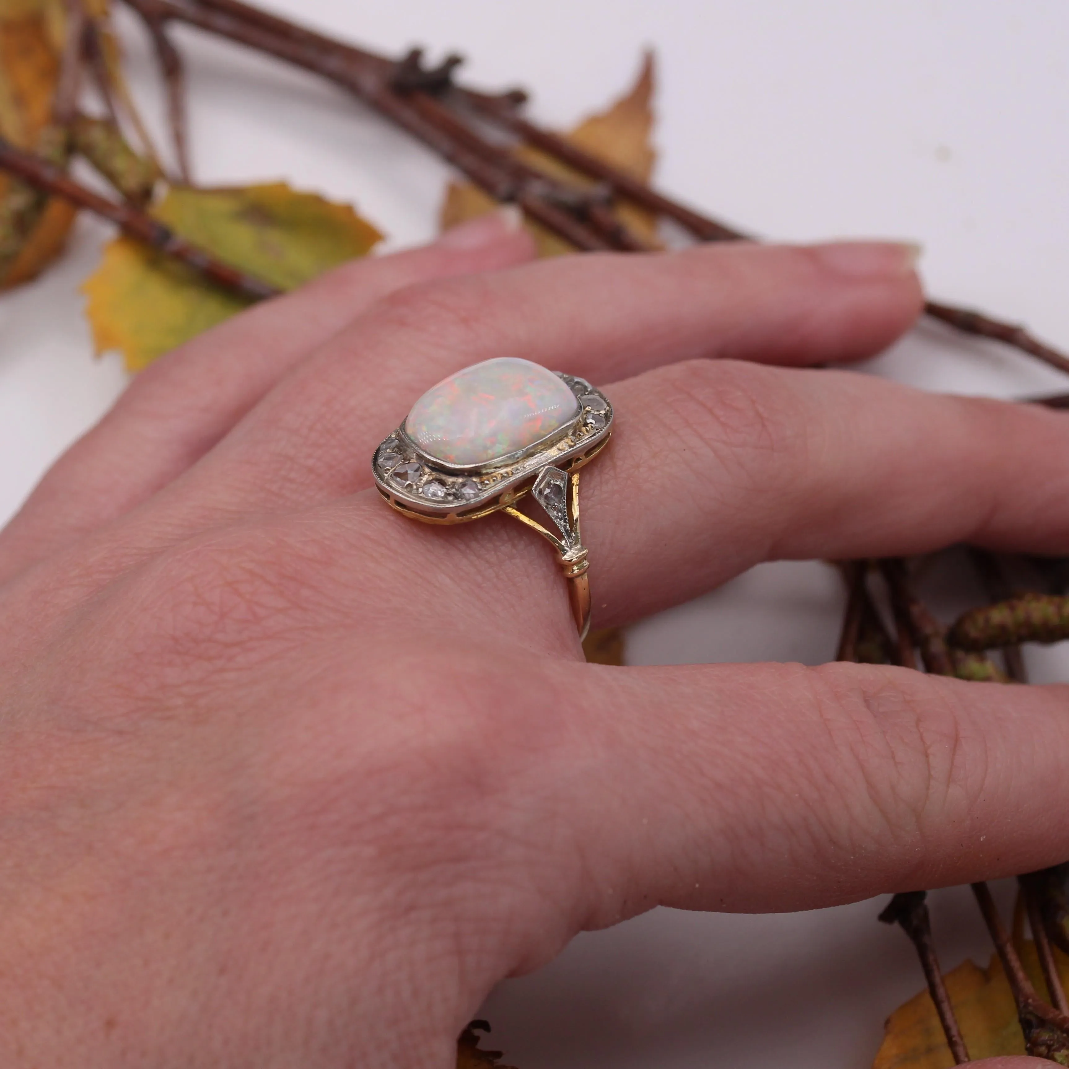 1920s White Opal Diamonds 18 Karat Yellow Gold Platinum Ring