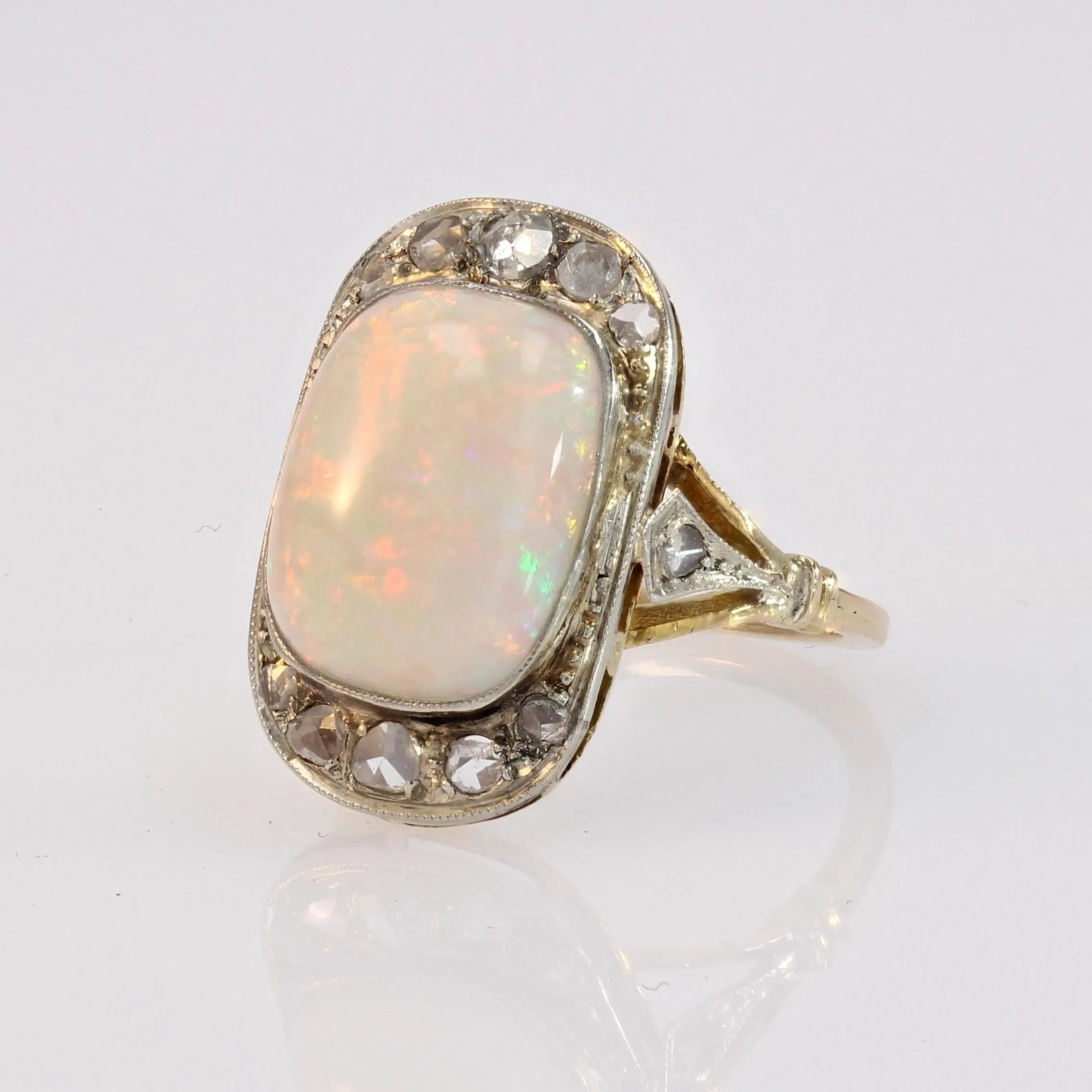 1920s White Opal Diamonds 18 Karat Yellow Gold Platinum Ring