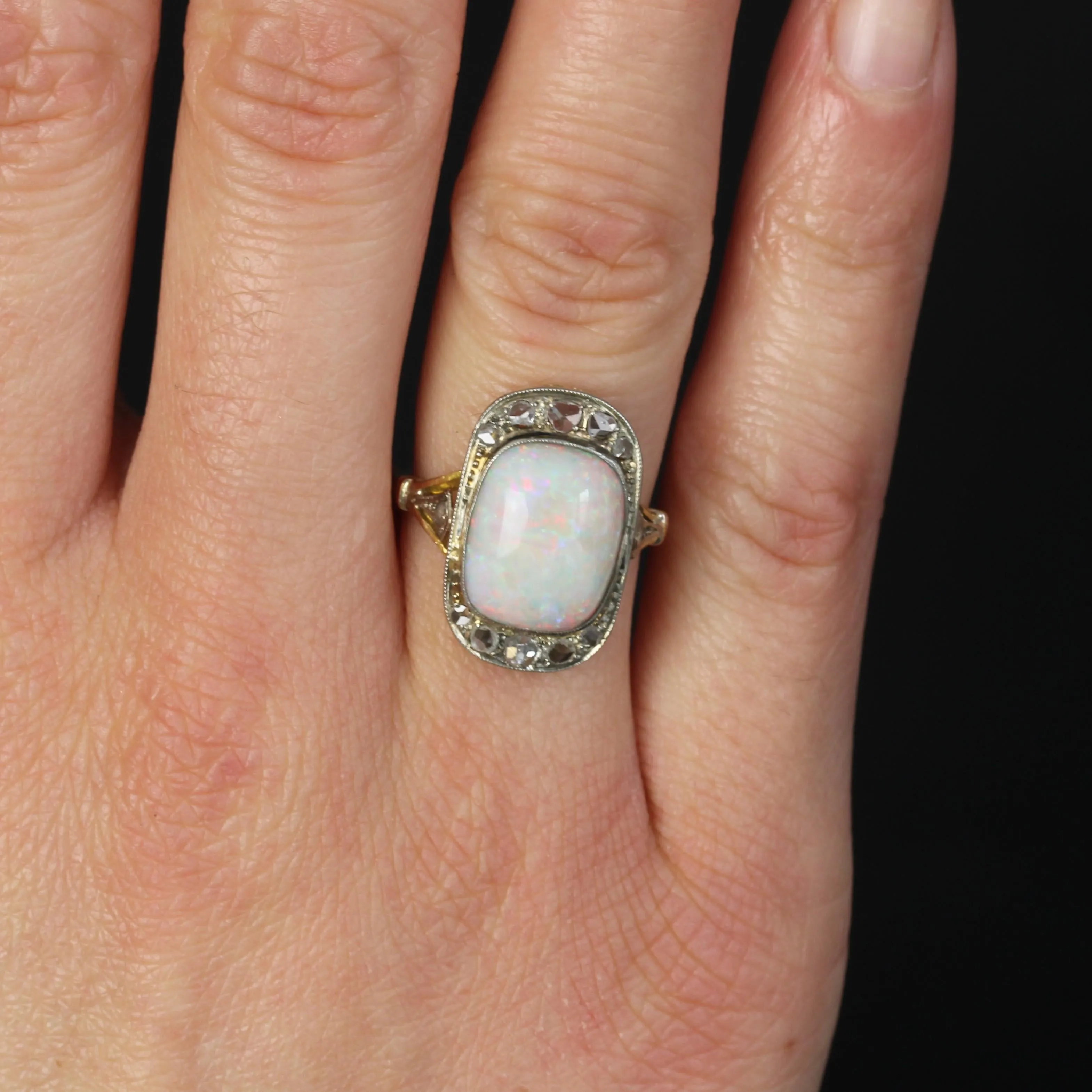 1920s White Opal Diamonds 18 Karat Yellow Gold Platinum Ring