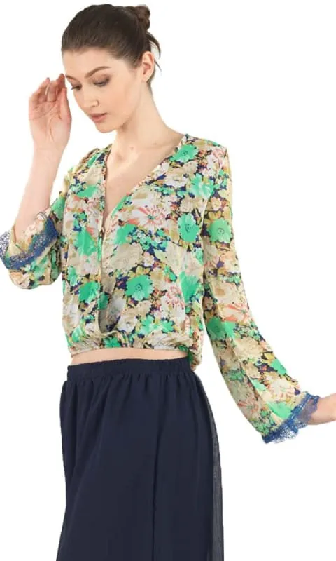 27415 Overlapped Floral Blouse - Blue