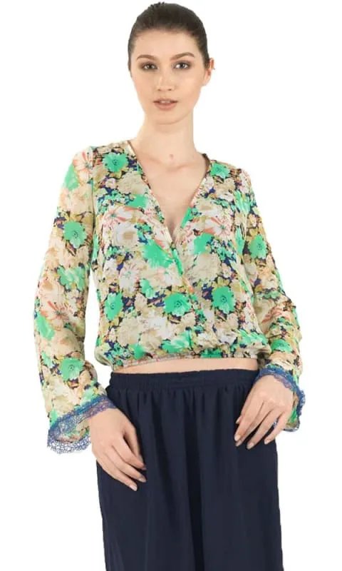 27415 Overlapped Floral Blouse - Blue