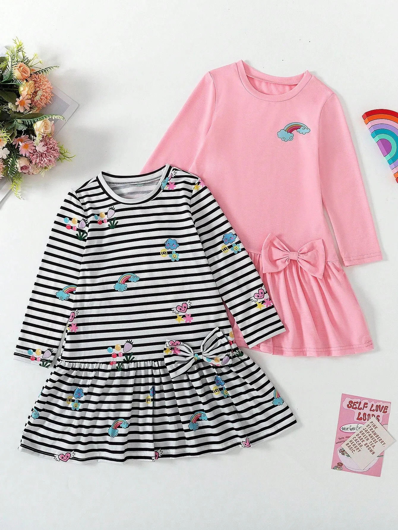 2pcs/Set Girls' Cute Rainbow, Fruit Print & Striped Long Sleeve Dress   Solid Color Dress Casual Comfortable Outfit For Daily Wear And Entertainment, Autumn