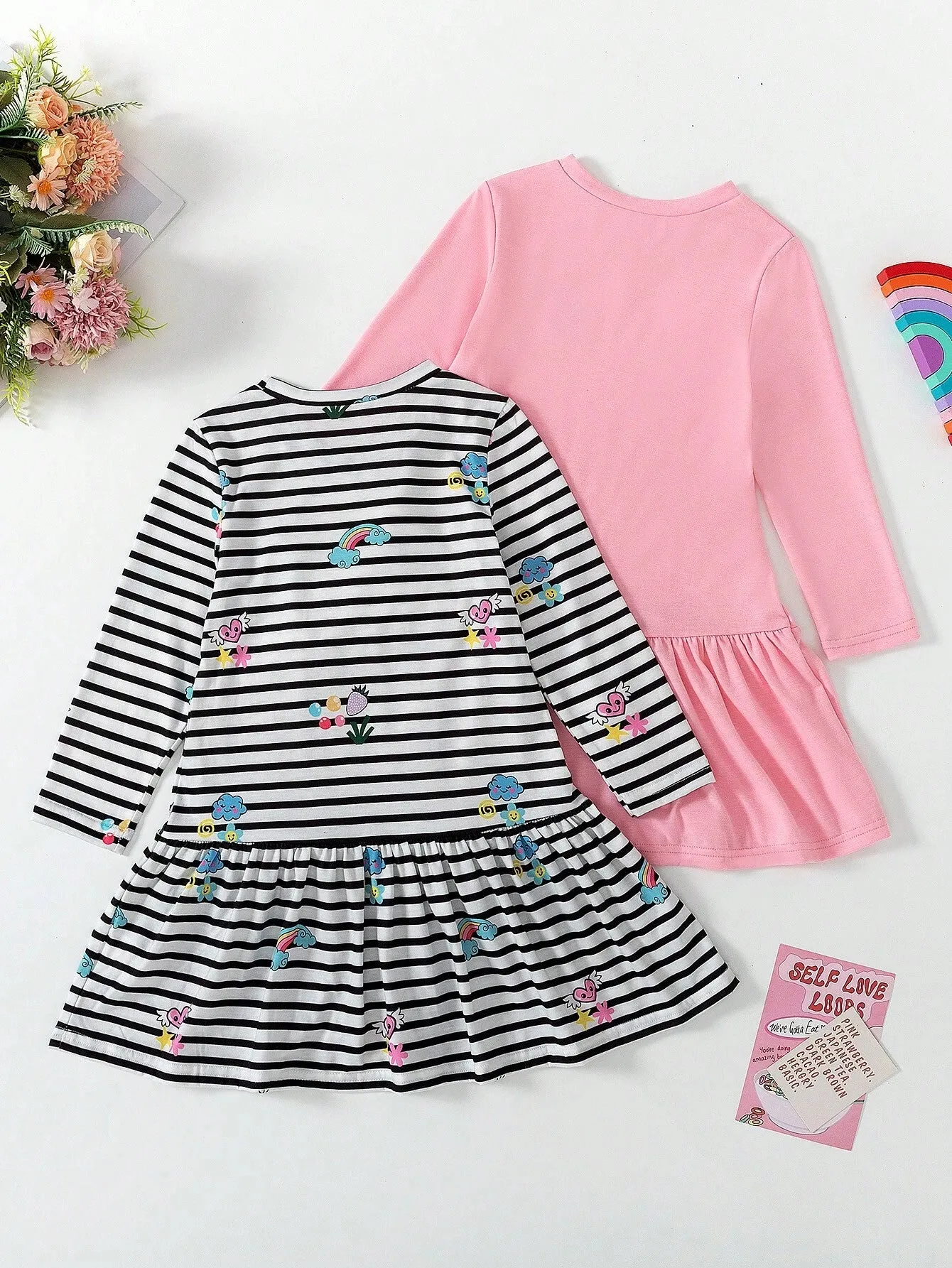 2pcs/Set Girls' Cute Rainbow, Fruit Print & Striped Long Sleeve Dress   Solid Color Dress Casual Comfortable Outfit For Daily Wear And Entertainment, Autumn