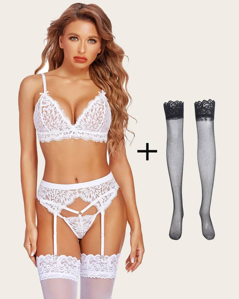 3 Piece Lace Bra and Panty Set with Garter Blet