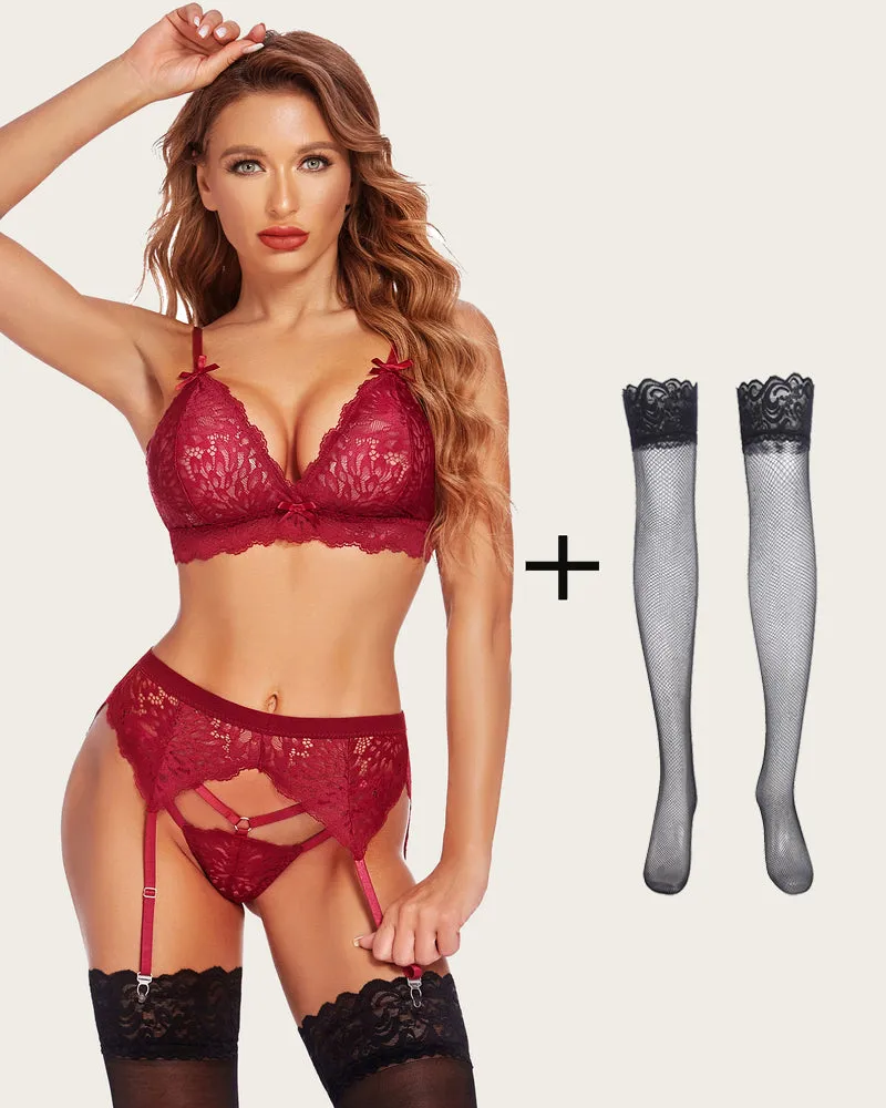 3 Piece Lace Bra and Panty Set with Garter Blet