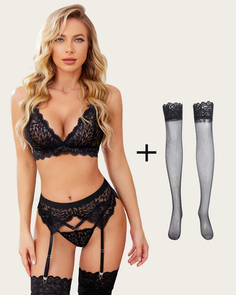 3 Piece Lace Bra and Panty Set with Garter Blet