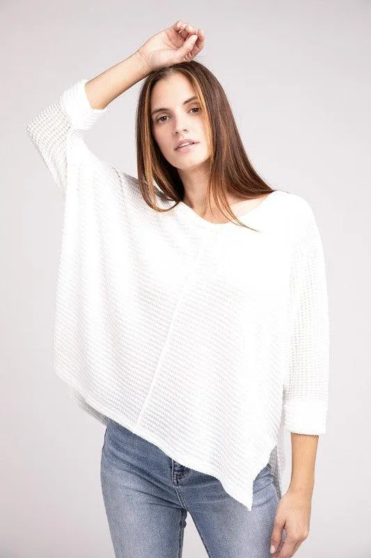 3/4 Sleeve V-Neck Hi-Low Hem Jacquard Sweater