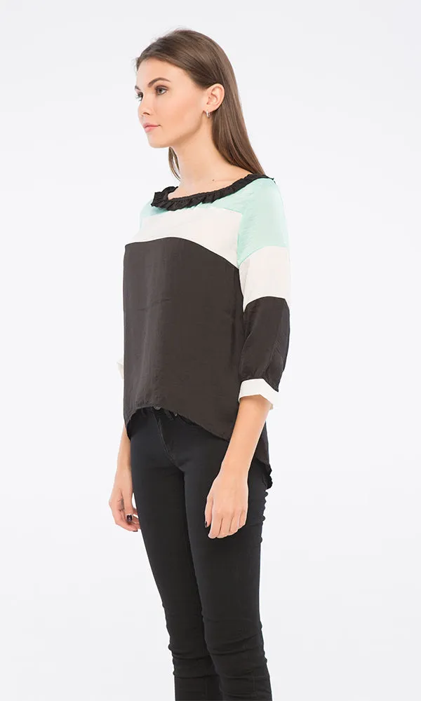 39247 3/4 Sleeves Blouse - Black, White & Mint Green