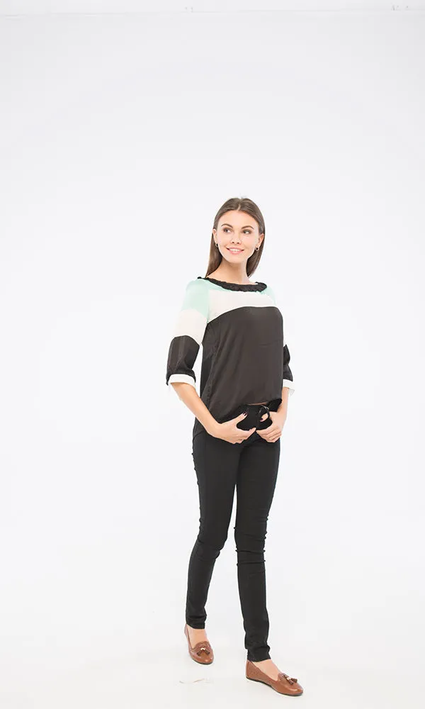 39247 3/4 Sleeves Blouse - Black, White & Mint Green