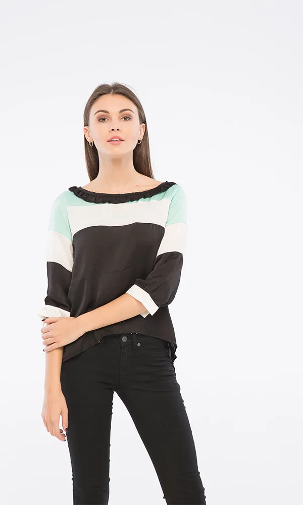 39247 3/4 Sleeves Blouse - Black, White & Mint Green