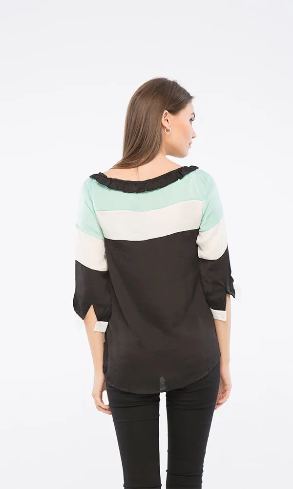 39247 3/4 Sleeves Blouse - Black, White & Mint Green