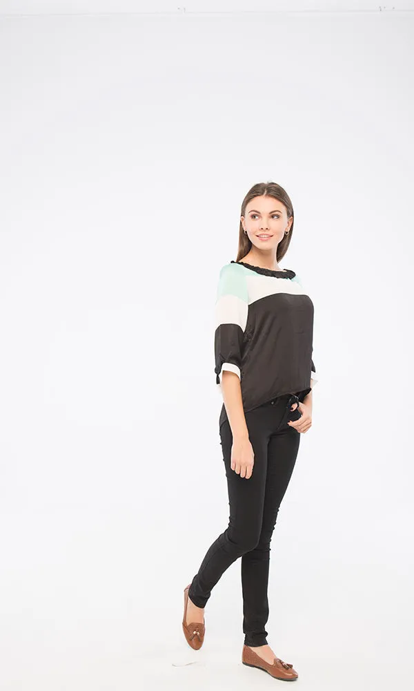 39247 3/4 Sleeves Blouse - Black, White & Mint Green