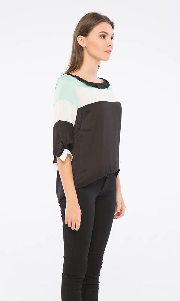 39247 3/4 Sleeves Blouse - Black, White & Mint Green