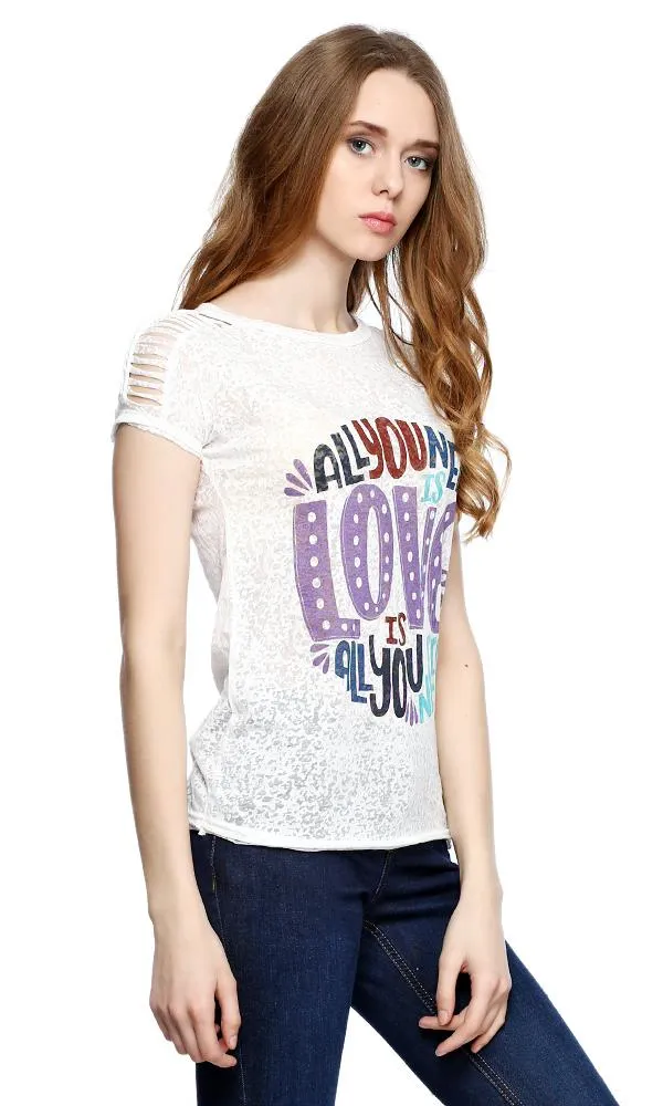 39279 Text Print Burnout T-Shirt - Off White