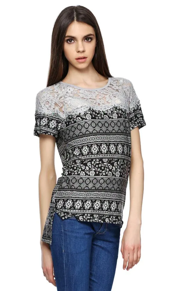 39283 Printed Lace T-Shirt - Black