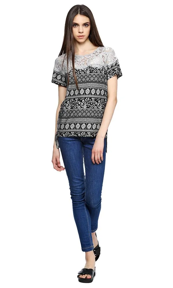 39283 Printed Lace T-Shirt - Black