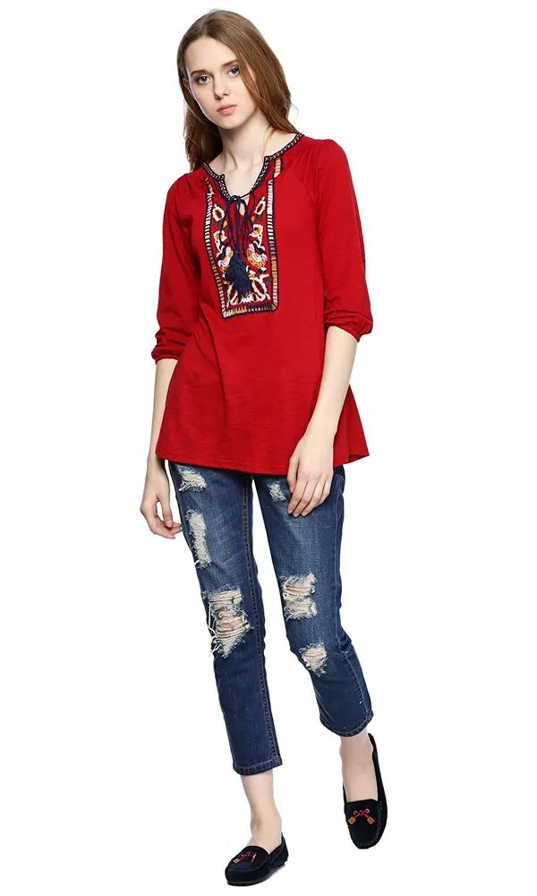 39337 Embroidery Panel Top Tassel Detail - Red