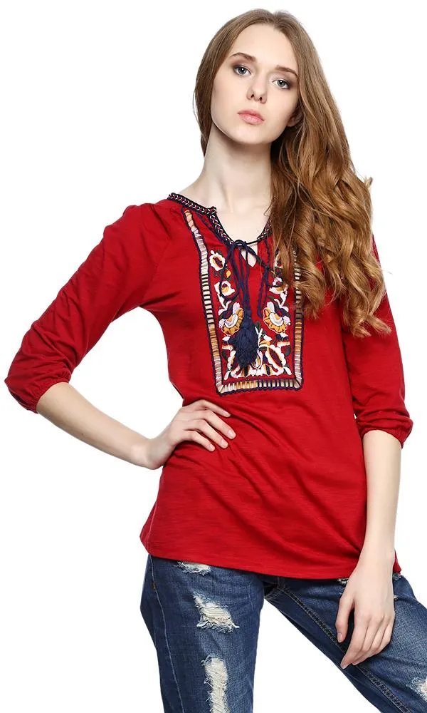 39337 Embroidery Panel Top Tassel Detail - Red