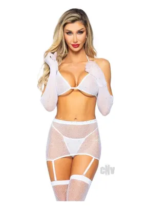 5 Pc Rhinestone Bikini Top G-String Garter  Skirt, Gloves and Stockings - One Size - White