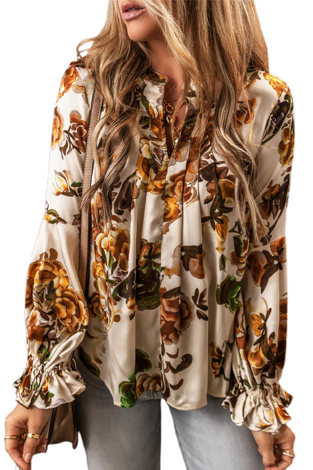 Apricot Gorgeous Floral Split Neck Flounce Sleeve Blouse