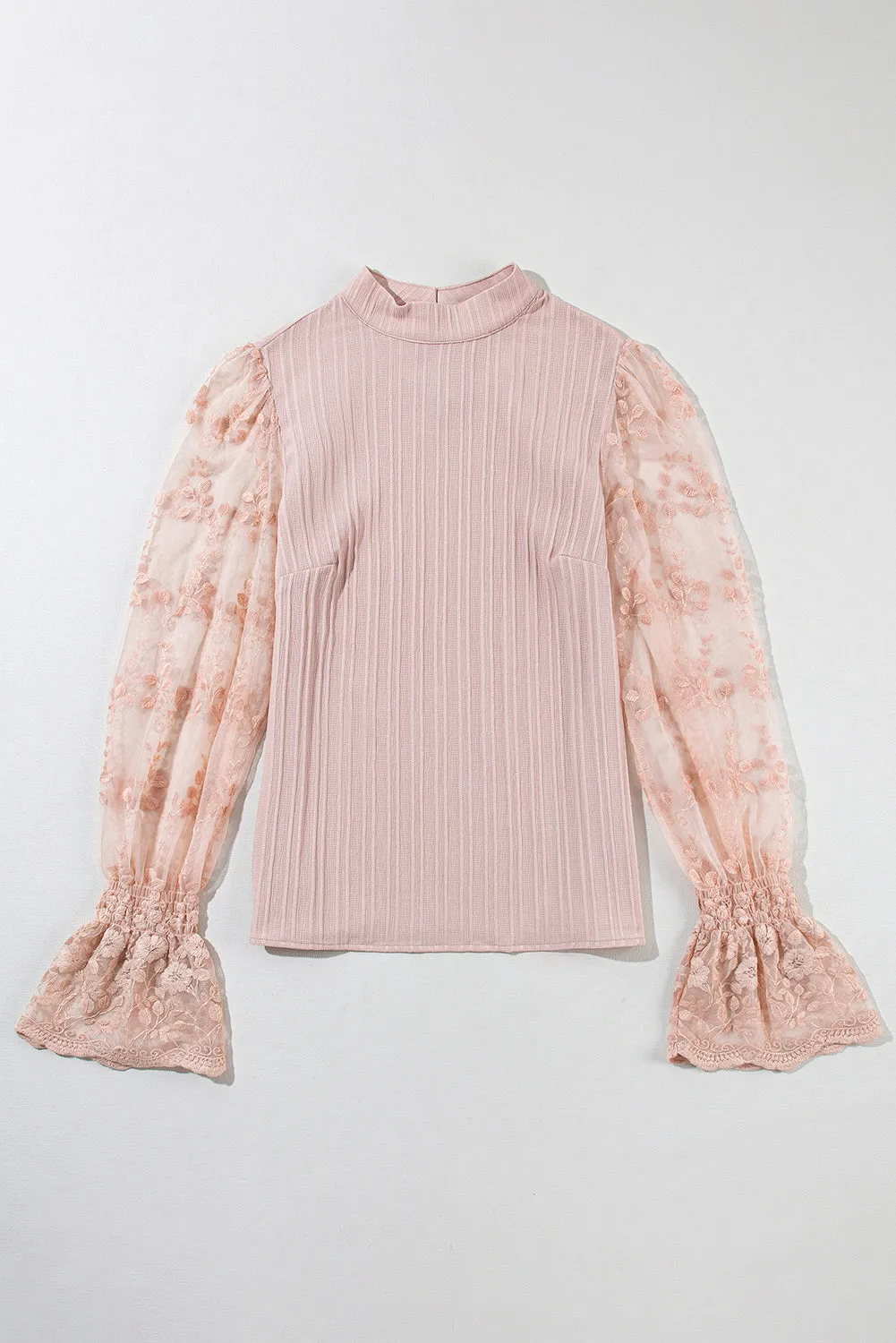 Apricot Pink Contrast Lace Sleeve Mock Neck Textured Blouse