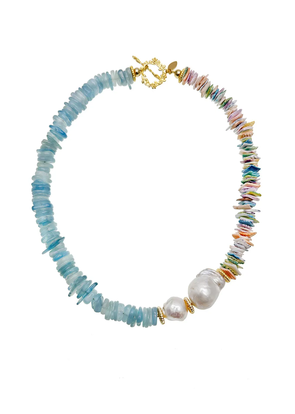 Aquamarine And Colorful Shell With Baroque Pearl Necklace JN042