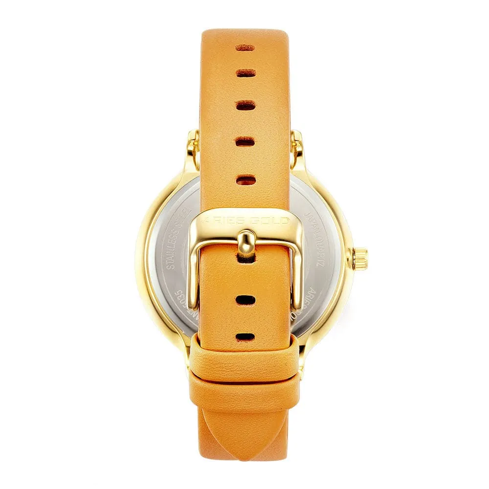 ARIES GOLD ENCHANT FLEUR GOLD STAINLESS STEEL L 5035A G-YFL MUSTARD YELLOW LEATHER STRAP WOMEN'S WATCH