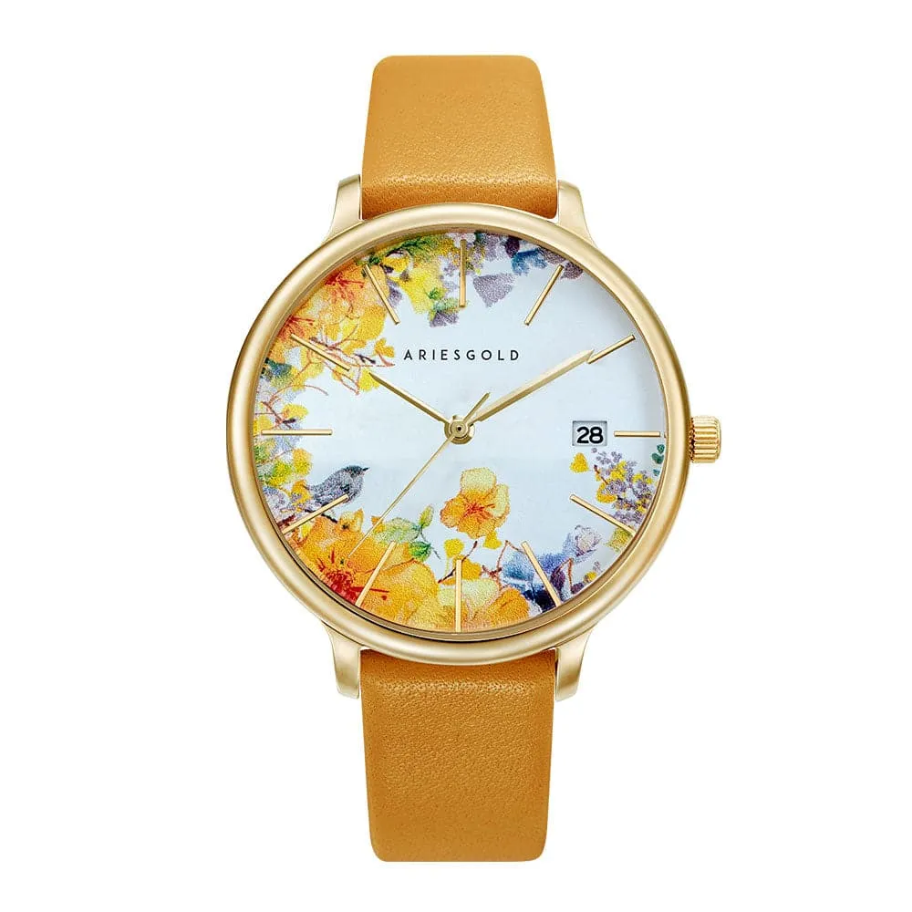 ARIES GOLD ENCHANT FLEUR GOLD STAINLESS STEEL L 5035A G-YFL MUSTARD YELLOW LEATHER STRAP WOMEN'S WATCH