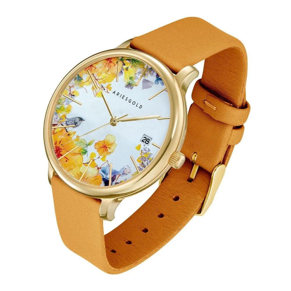 ARIES GOLD ENCHANT FLEUR GOLD STAINLESS STEEL L 5035A G-YFL MUSTARD YELLOW LEATHER STRAP WOMEN'S WATCH