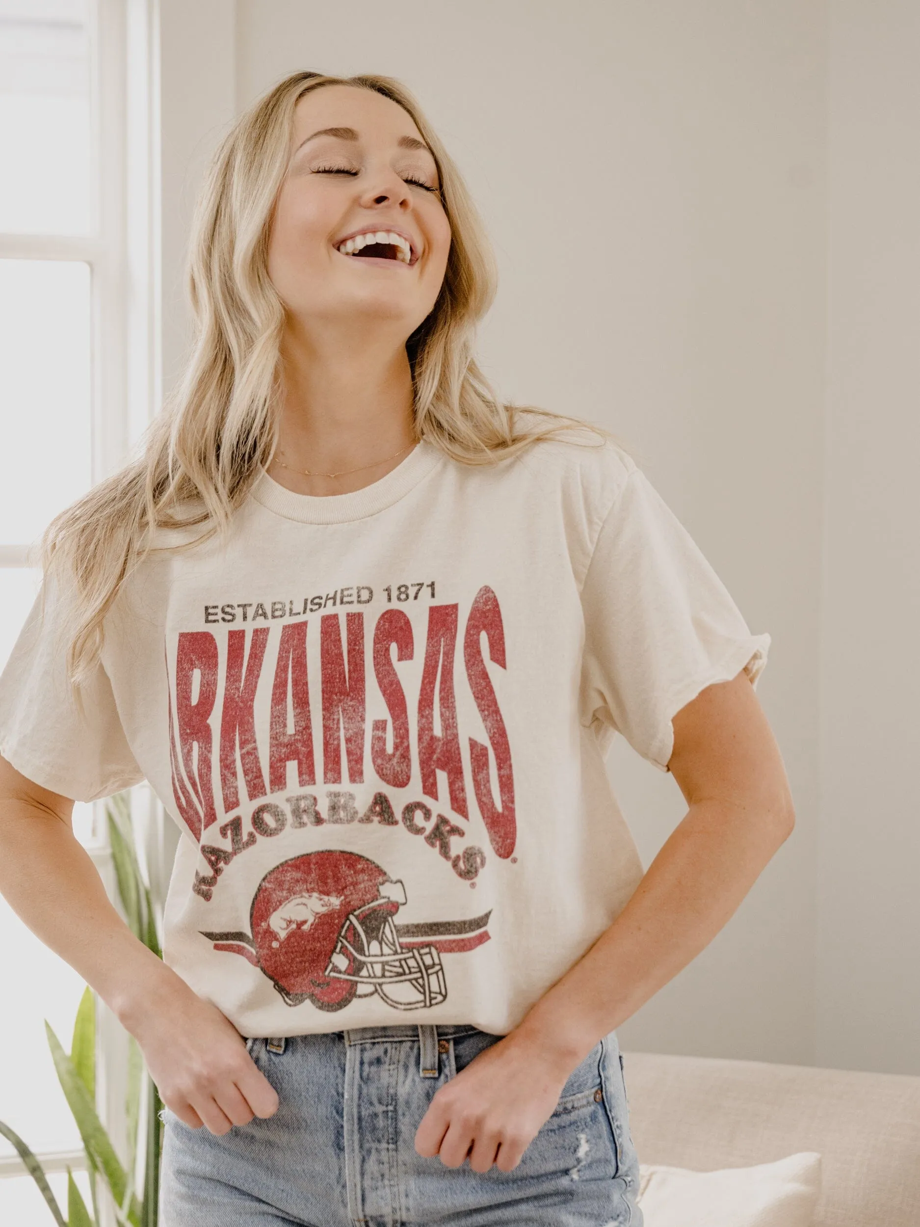 Arkansas Razorbacks Established Date Helmet Off White Thrifted Tee