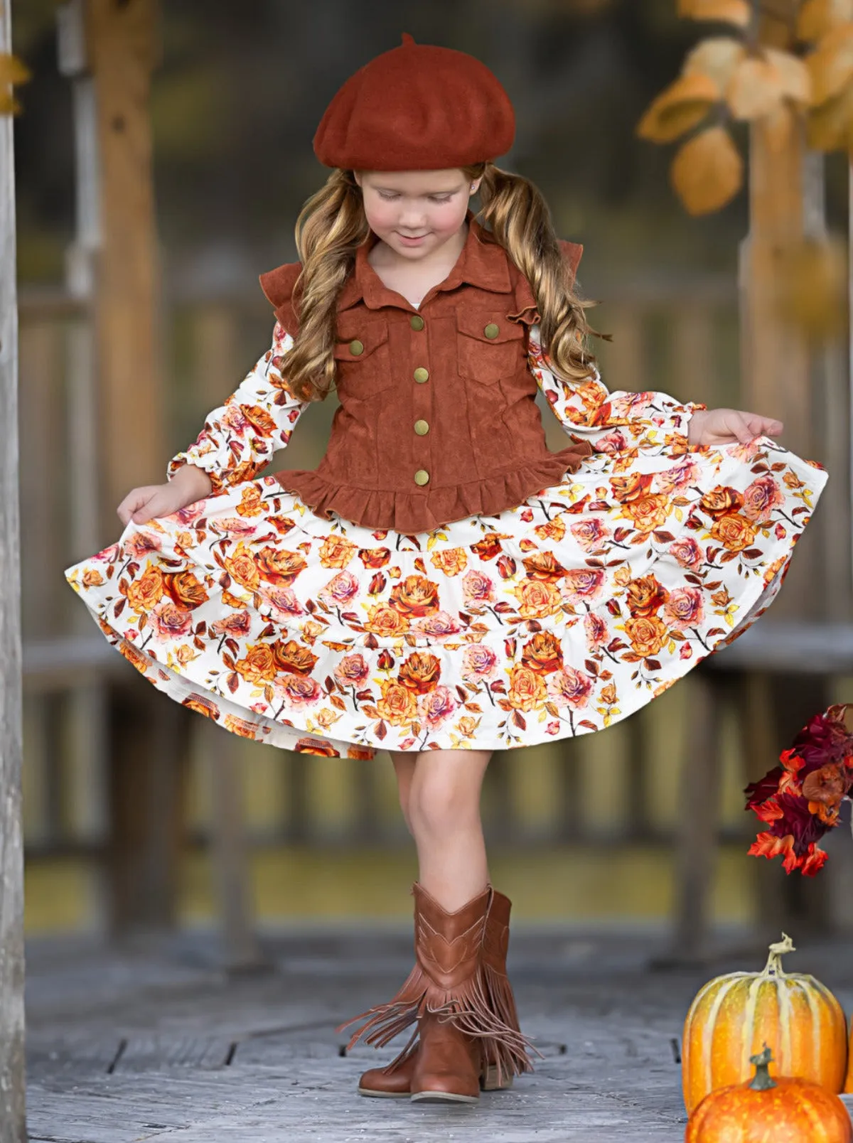 Autumn Floral Faux Suede Vest Dress Set