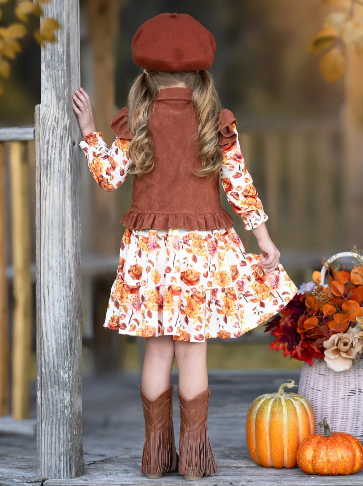 Autumn Floral Faux Suede Vest Dress Set