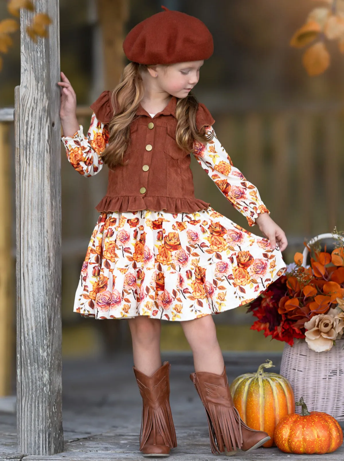 Autumn Floral Faux Suede Vest Dress Set