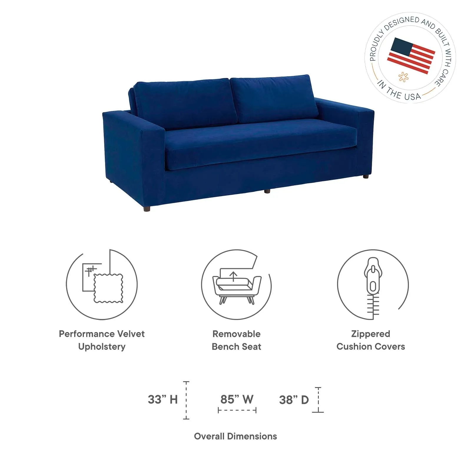 Avendale Velvet Sofa – Made in the USA With Bench Seat Cushion by Modway