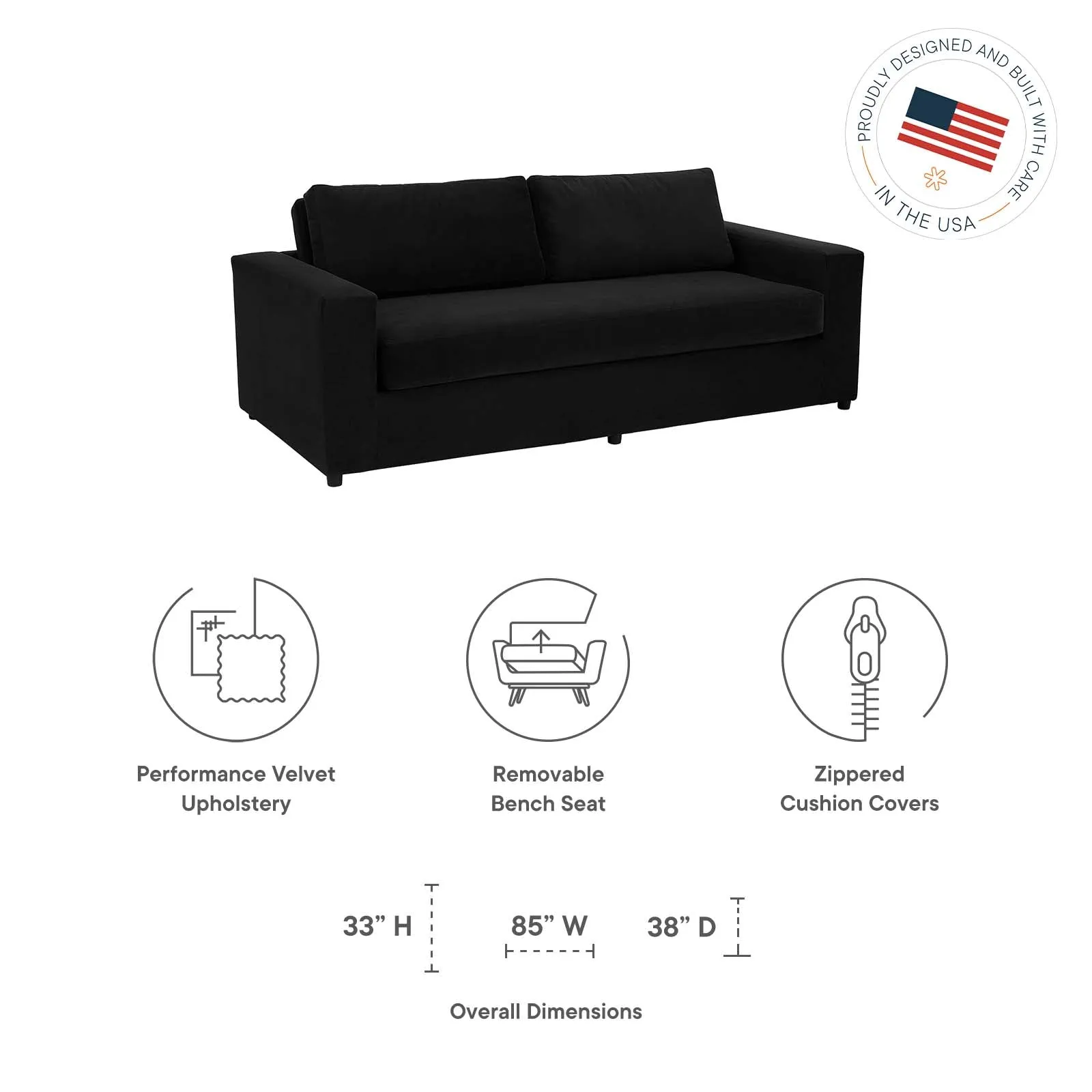 Avendale Velvet Sofa – Made in the USA With Bench Seat Cushion by Modway