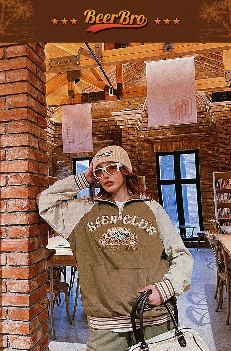 BEER CLUB Letter Embroidery Long Sleeve Zip Up Sweatshirt