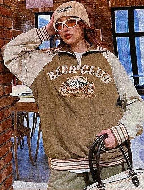 BEER CLUB Letter Embroidery Long Sleeve Zip Up Sweatshirt