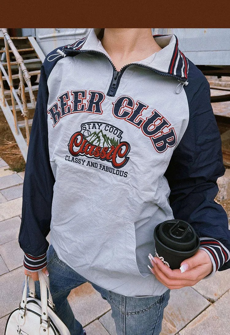 BEER CLUB Letter Embroidery Long Sleeve Zip Up Sweatshirt