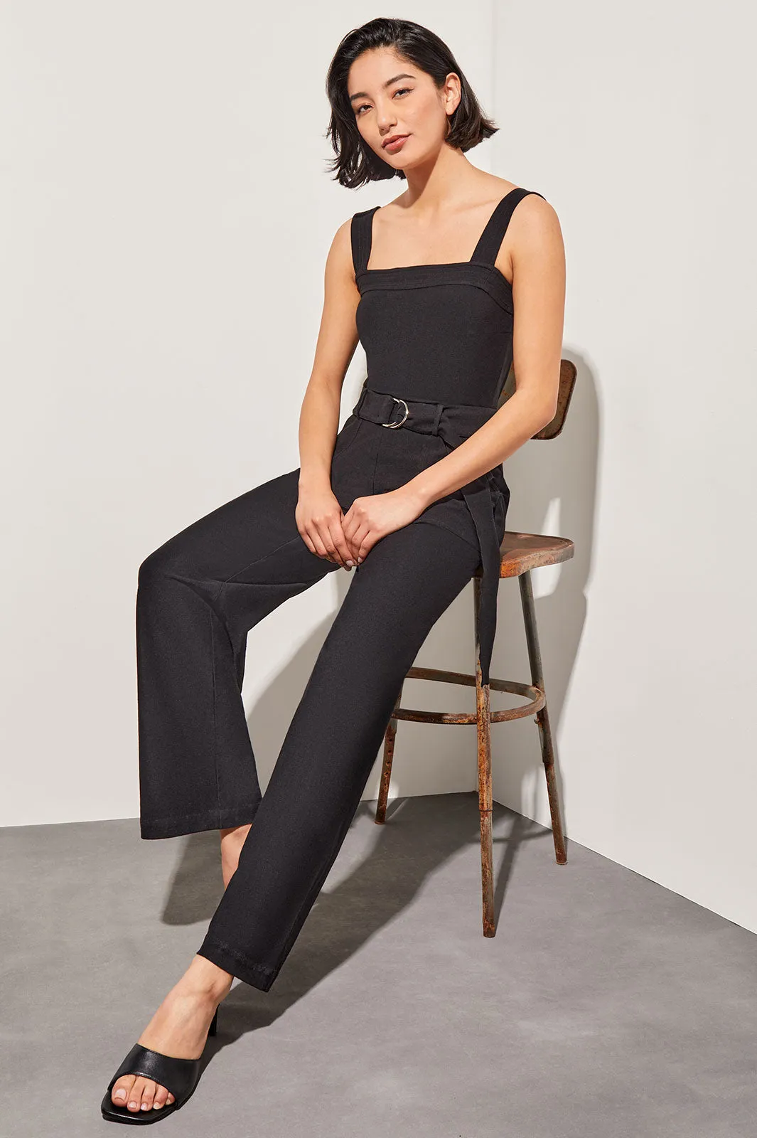 Belted Jumpsuit - Sleeveless Stretch Deco Crepe, Black