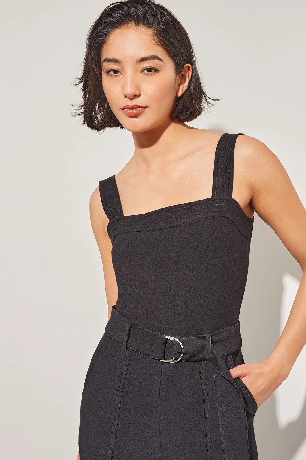 Belted Jumpsuit - Sleeveless Stretch Deco Crepe, Black