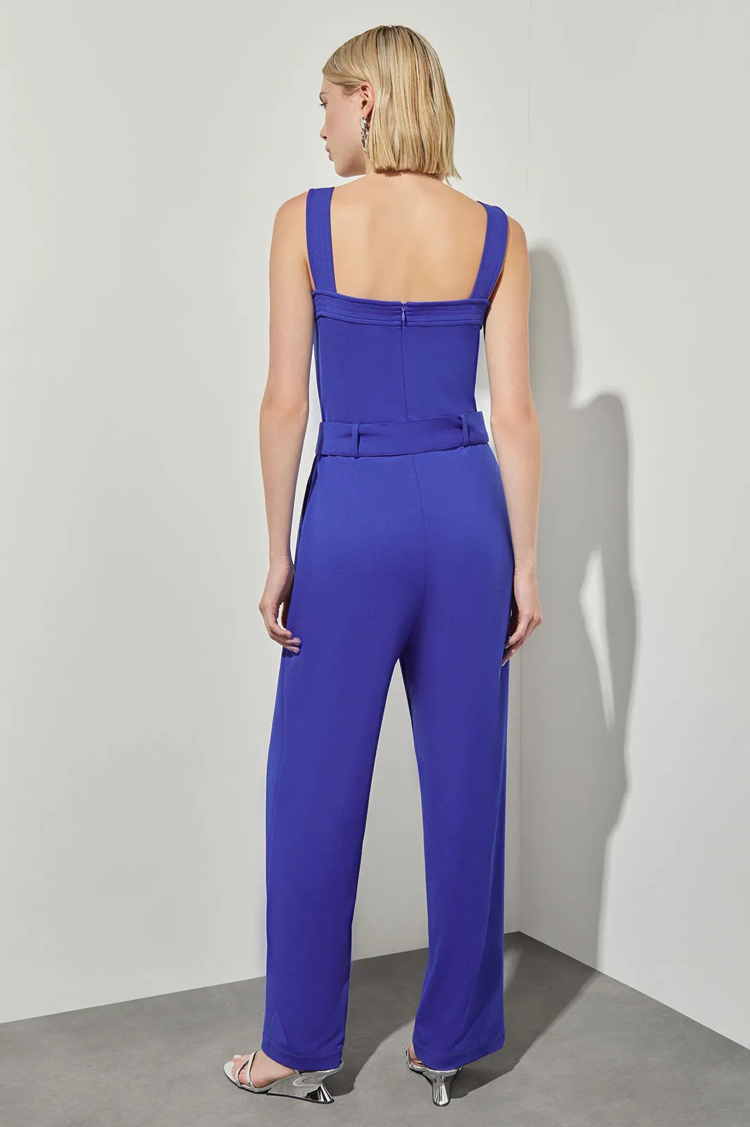 Belted Jumpsuit - Sleeveless Stretch Deco Crepe, Sapphire Sea